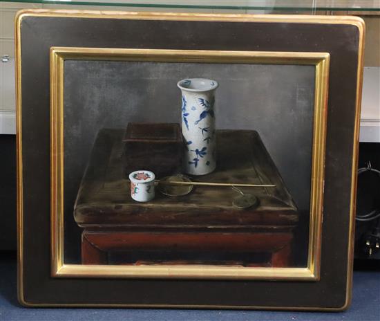 Wang Weidong (Chinese, b.1963) Still life with vase and antique scale 18 x 21.5in.
